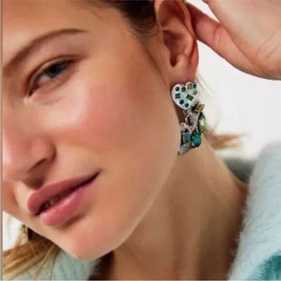 Free People My Everything Dangles Earrings Blue Gem Silver Hammered Metal Heart - Picture 6 of 9